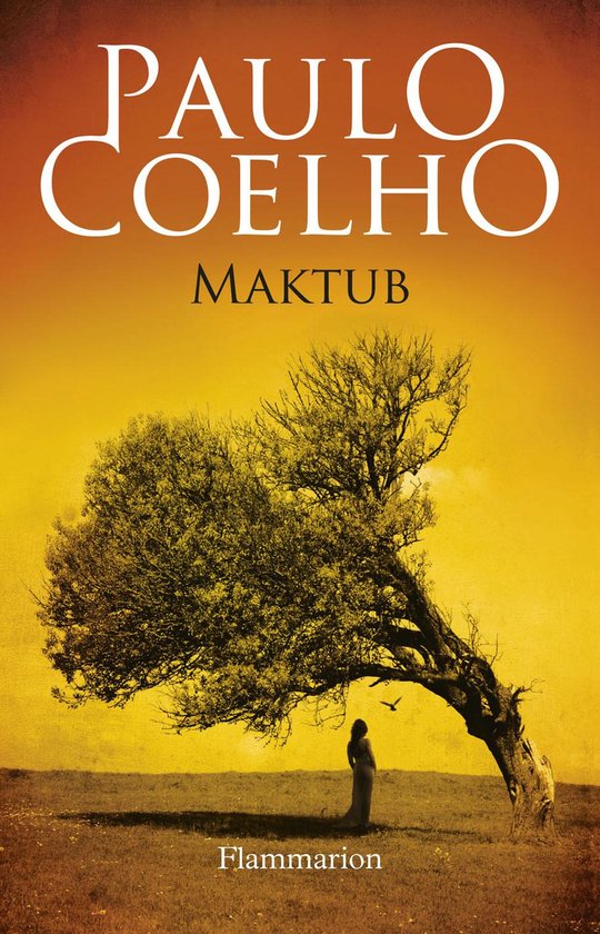 Boek "Maktub" van Paulo Coelho met een boom en een vrouw in de woestijn.