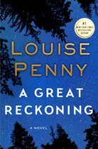 Boekomslag van Louise Penny's 'A Great Reckoning', met gouden letters op een sterrenhemel onder silhouetten van bomen.
