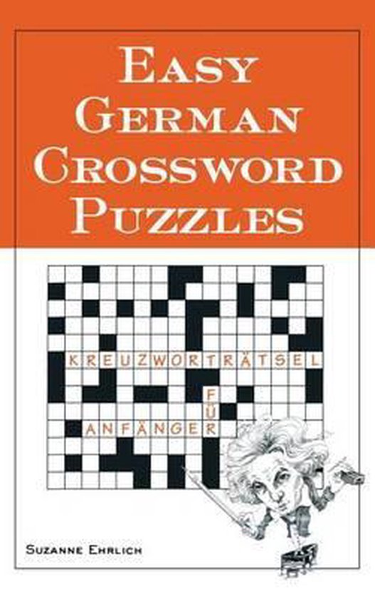 Boek kaft met de titel "Easy German Crossword Puzzles" en een puzzel met de tekst "KREUZWORTRATSEL FUER ANFAENGER".