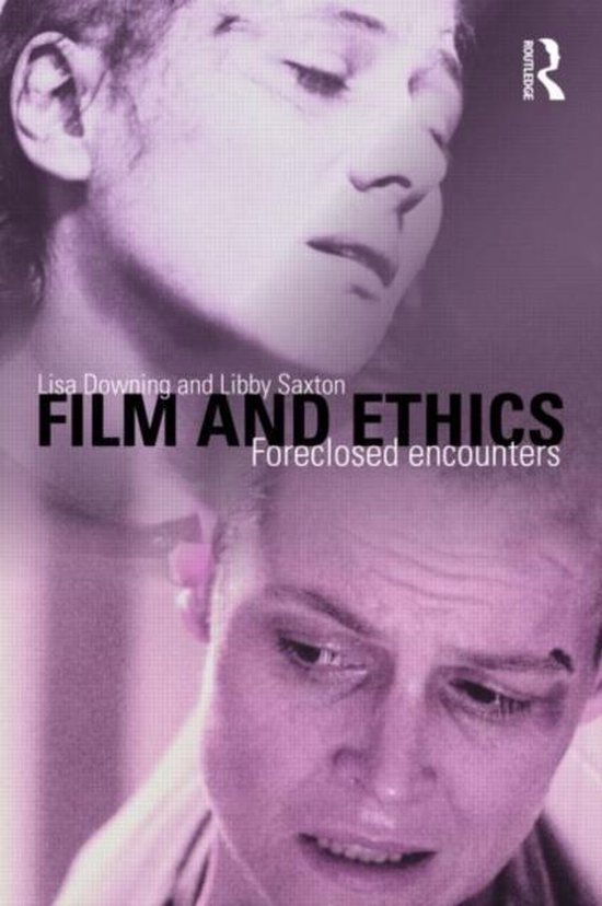 Twee close-ups van vrouwelijke gezichten, een paarse overlay met de tekst 'FILM AND ETHICS Foreclosed encounters'.