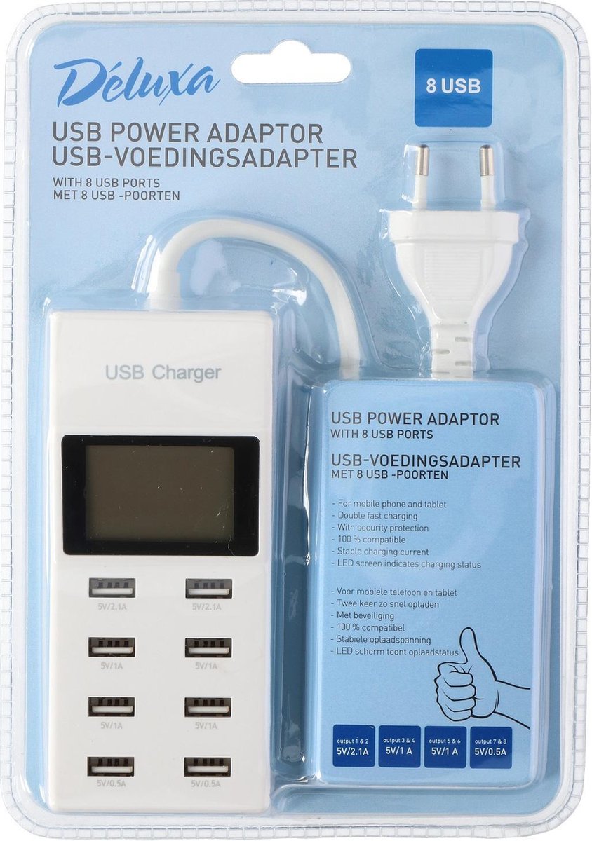 Splitter - Deluxa Digitale USB Hub - 8 Poort - via 230V - Wit |