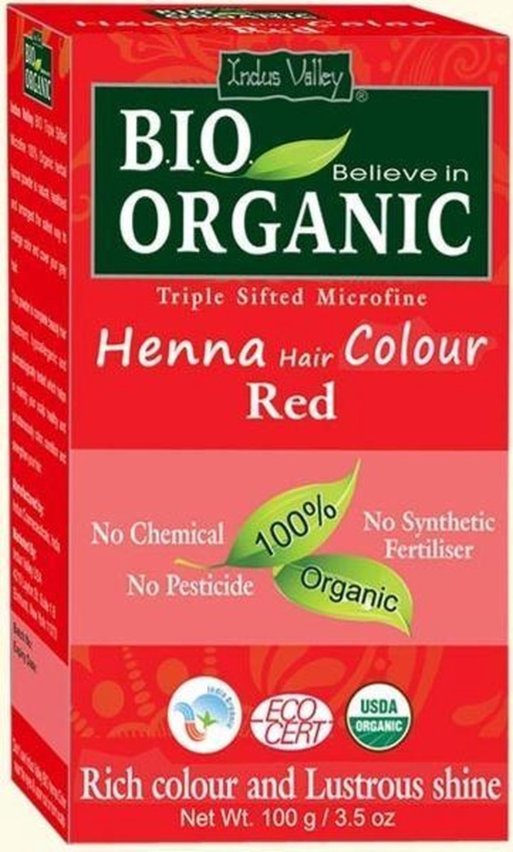 Indus Valley ORGANIC HENNA Red 100% Natuurlijke BIO Organic Haarverf Zonder PPD, PTD, Ammonia, Ammoniak, Peroxide, Waterstofpersoxide etc. 100g