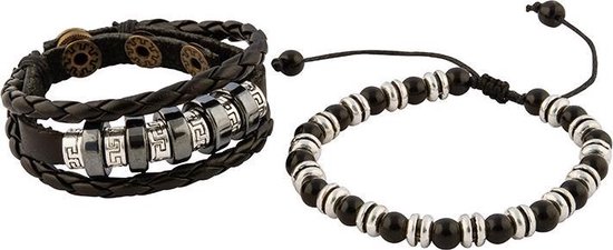 Zwart gevlochten leren armband uit Tibet met kralen in lengte verstelbaar - 17 - 18 en 19 cm - Wereldse Juwelen