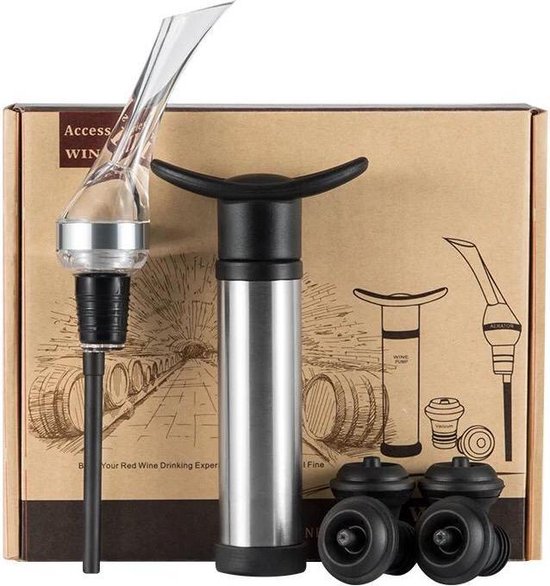 Wijn Accessoires Deluxe Set Giftbox | 6 delig - Wine Saver - Wijn Vacuüm Pomp - RVS Vacuum Wijnfles Pomp - 4 Wijnstoppers - Wijn Schenker - Wijn Beluchter - Wijn Decanter Wijn Accessoires Deluxe Set Giftbox | 6 delig - Wine Saver - Wijn Vacuüm Pomp - RVS Vacuum Wijnfles Pomp - 4 Wijnstoppers - Wijn Schenker - Wijn Beluchter - Wijn Decanter