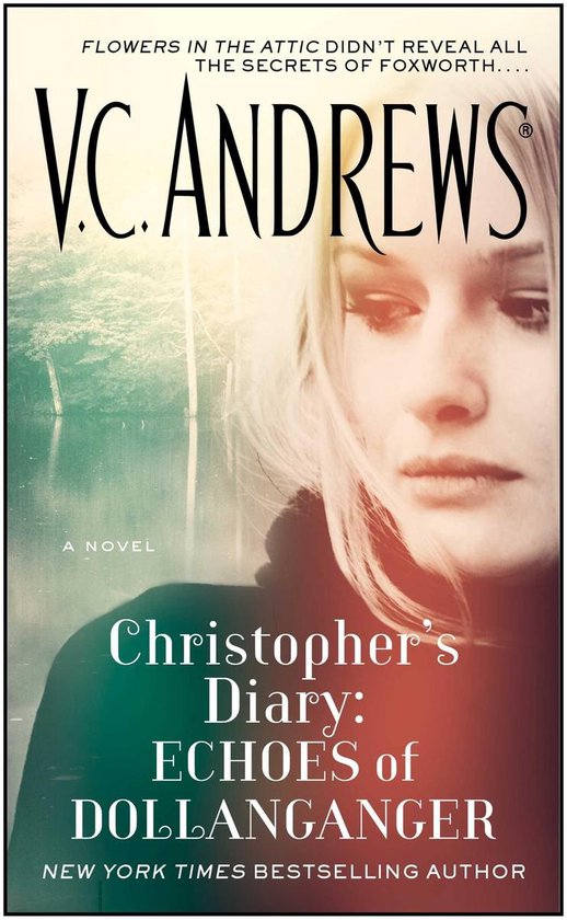 Boek kaft met VC Andrews' 'Christopher's Diary: Echoes of Dollanganger'. Vrouw met blond haar, rode en groene achtergrond.