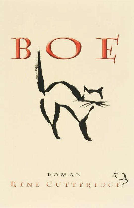 Boekcover met de titel "BOE" in rode letters en een zwarte gestileerde kat met een muisje.