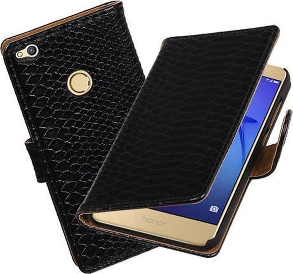 BestCases.nl Zwart Slang booktype wallet cover hoesje voor Huawei P8 Lite 2017