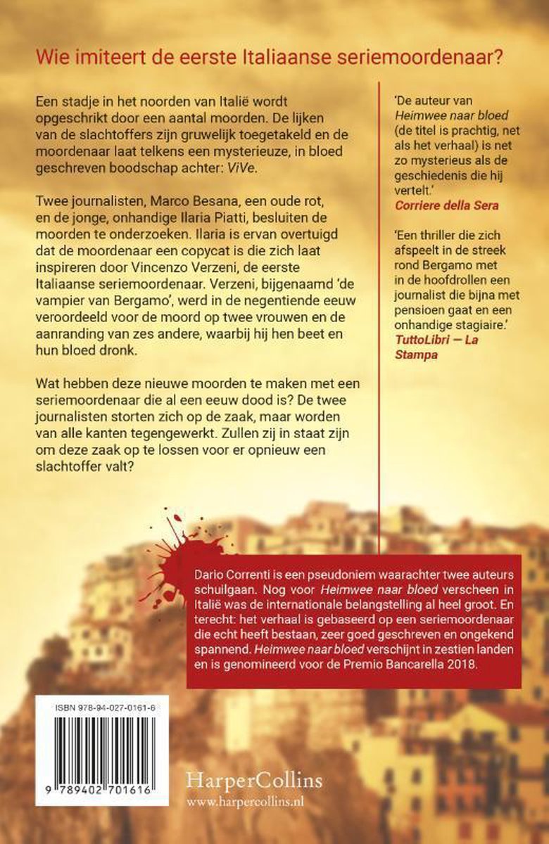 Achterkant van het boek "Heimwee naar bloed" met tekst en streepjescode. Bloedspatten.