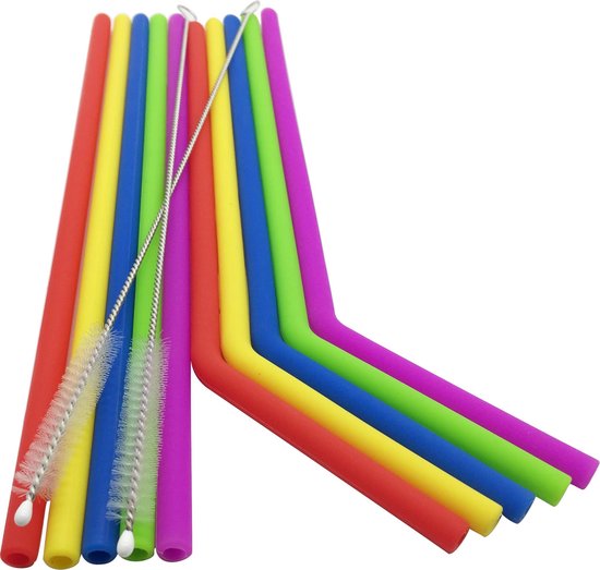 12 Pailles en plastic réutilisables 6 couleurs avec brosse 21cm
