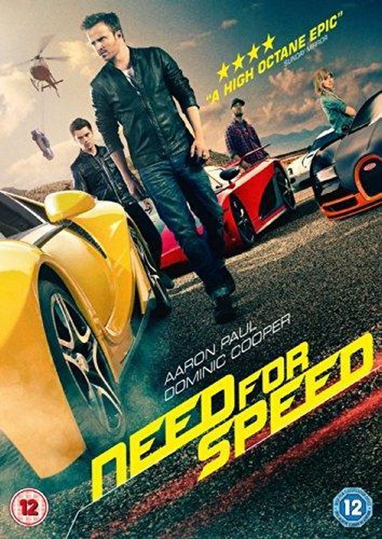 Voorzijde van de Need For Speed dvd met een gele sportwagen op de voorgrond, en Aaron Paul, Dominic Cooper en anderen op de achtergrond.