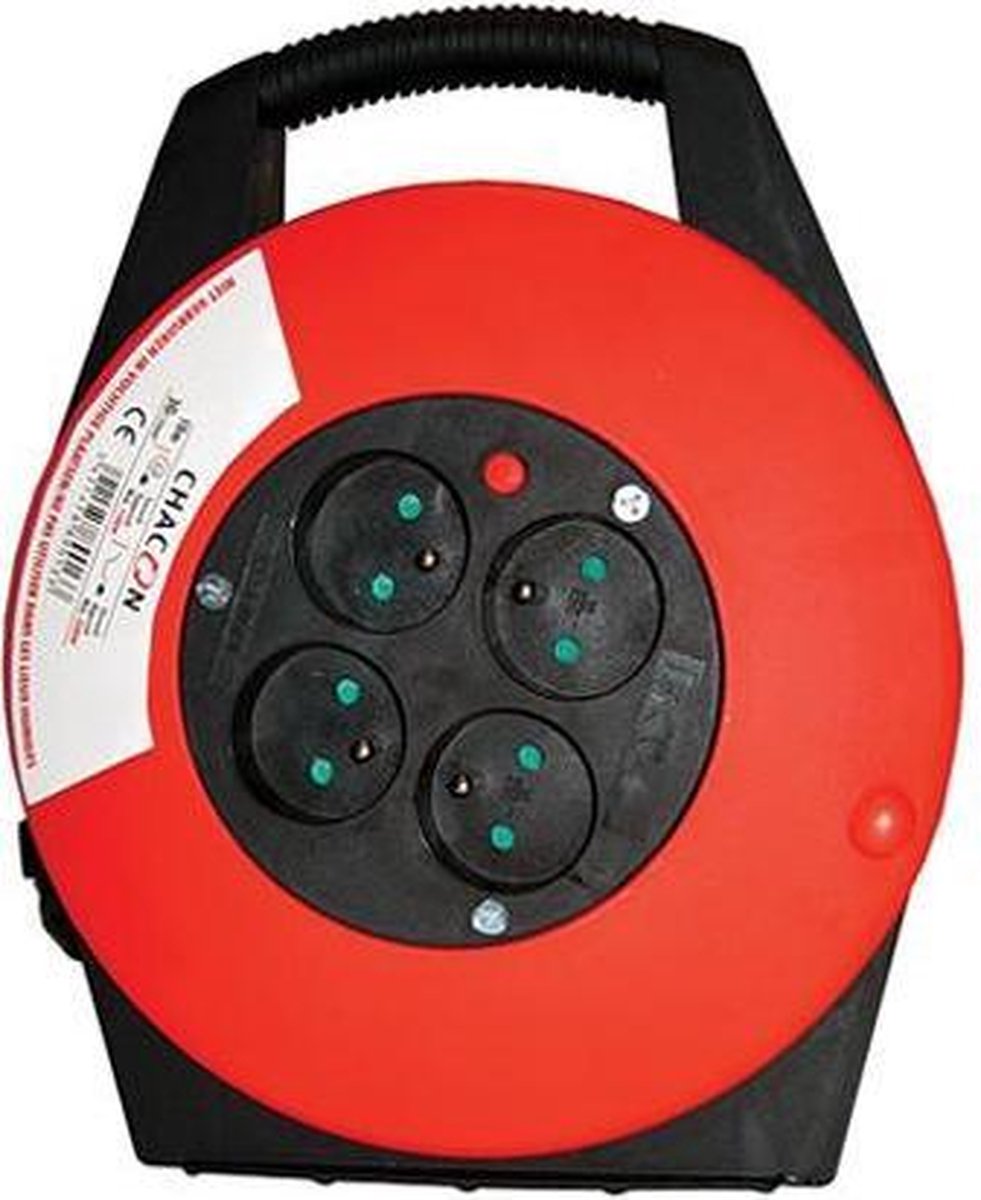 Chacon Kabeltrommel 10 M – Mit 4 Steckdosen, 16 A, H05VVF 3x1,5 Mm², Thermoschutz & Griff, Für Innen