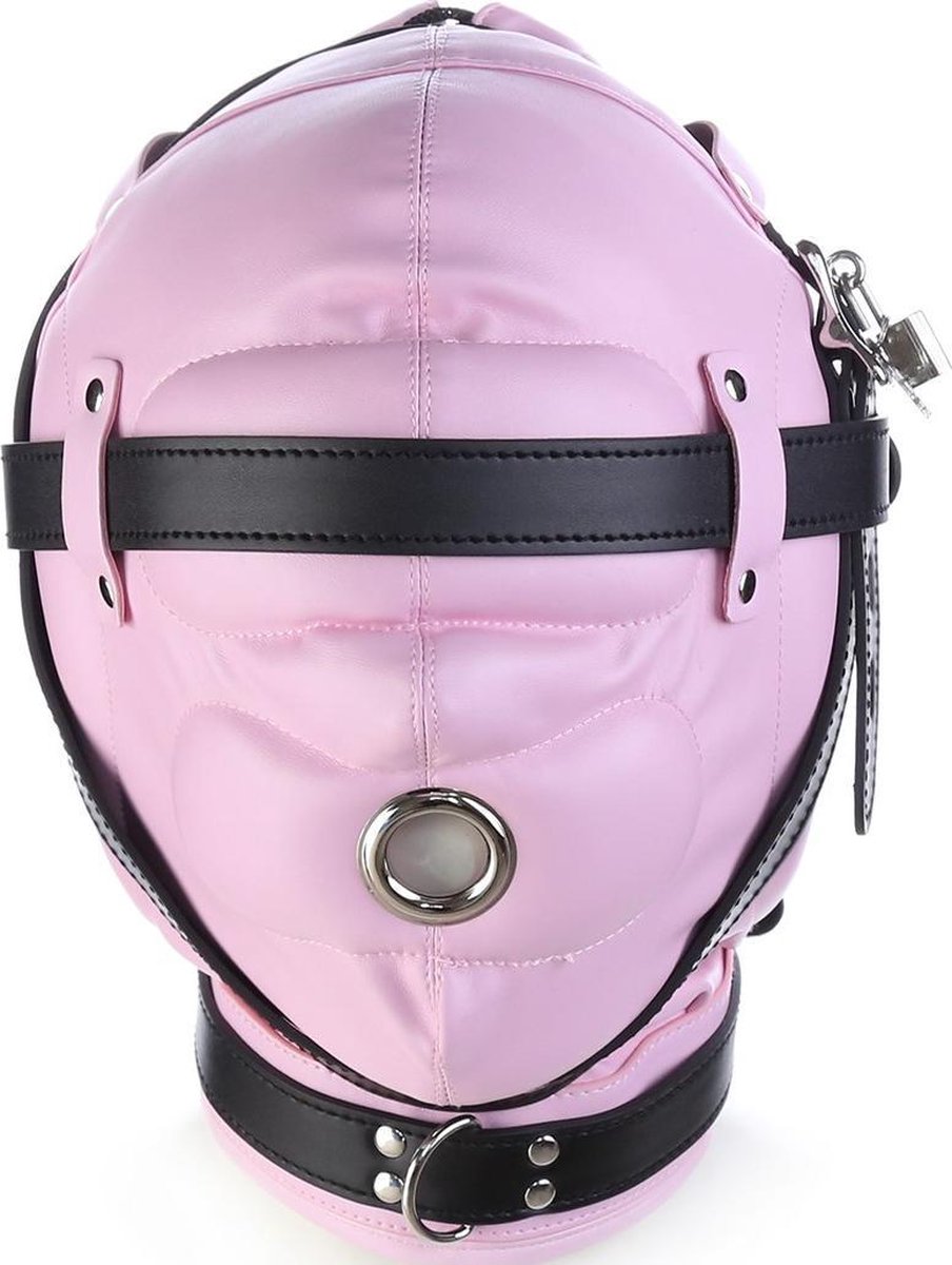 Goedkoopste Banoch - Foraminis Hood Pink/ Black - Roze/Zwart bondage masker van PU Leer | BDSM