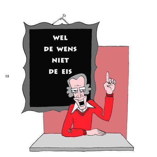Een man met een bril en rode trui staat achter een tafel met een bord met de tekst 'Wel de wens niet de eis'.