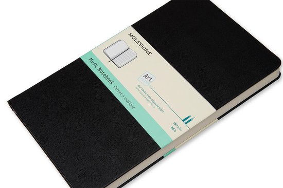 Zwarte Moleskine Music Notebook met een gedetailleerde beige band met illustraties van muziekinstrumenten.