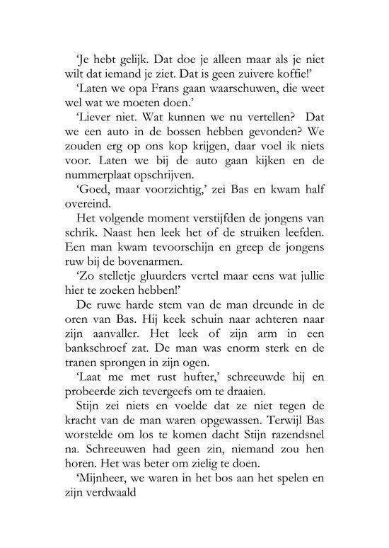 Pagina met tekst over het vinden van een auto in het bos en een achtervolging.