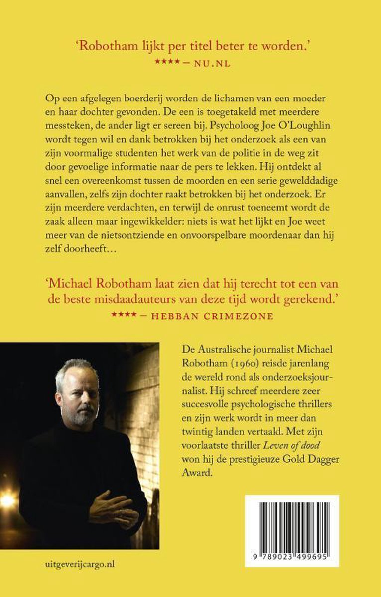 Achterkant boek 'Sluit je ogen' met recensies en foto van auteur Michael Robotham.