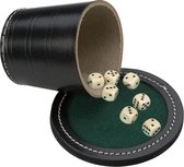 Longfield Games zwart lederen pokerbeker met deksel 9 cm incl. 6 dobbelstenen