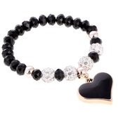 Bracelet élastique - verre noir - breloque coeur - avec pierres de zircone et argile - 20 cm