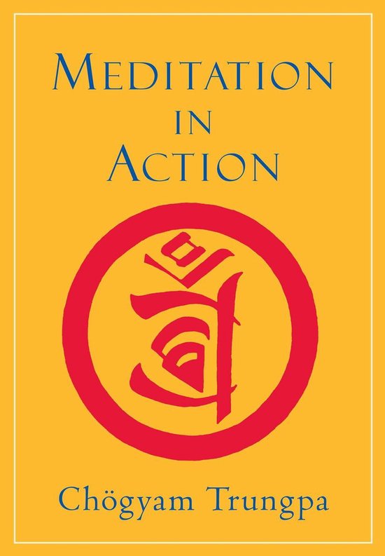 Meditatie in Actie, 40ste verjaardag editie. Geel met blauwe tekst en een rode cirkel met een symbool.