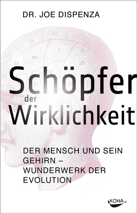 Livre 'Schöpfer der Wirklichkeit' par Dr. Joe Dispenza, avec une tête dessinée et du texte sur l'évolution.