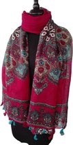 Rood turkoois zwart dames sjaal met kwastjes 90 x 175 cm