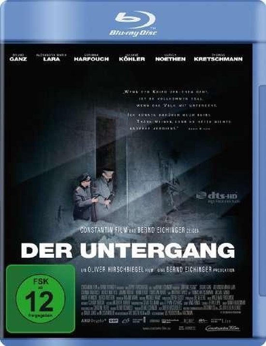Blu-ray hoes Der Untergang, met twee personen in donkere kleding in een gang.