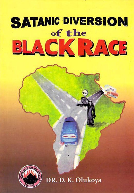 Boekomslag met de titel 'Satanic Diversion of the Black Race'. Kaart van Afrika met een kruispunt, een auto en een figuur in een zwarte jurk.