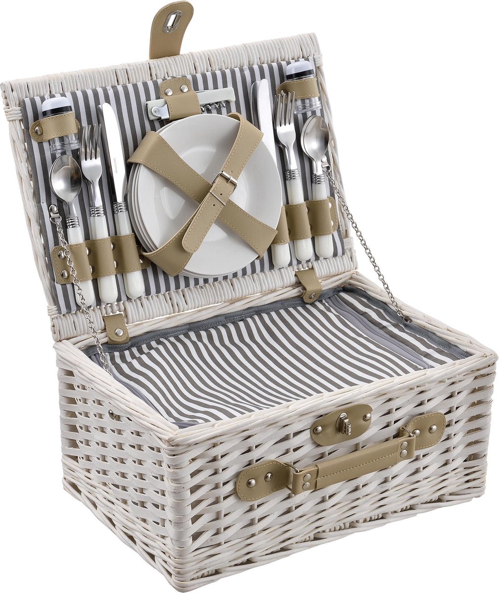 Picknickmand voor 4 personen - incl. inhoud - wit
