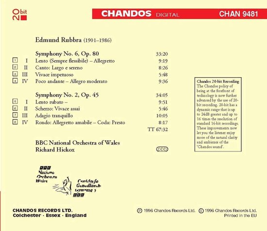 Cd-hoes met tracklist voor Rubbra Symfonie No. 6 en No. 2, BBC National Orchestra of Wales, Richard Hickox, Chandos logo en 20-bit recording info.