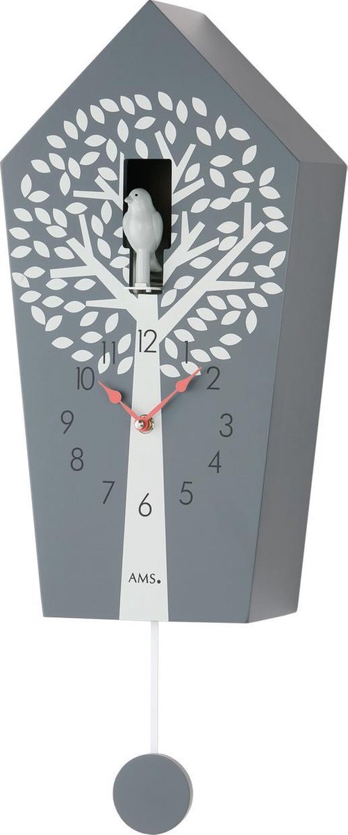 AMS W7287 - Wandklok - Moderne Koekoeksklok - Analoog - Overig - Hout - 39x20x11 cm - Grijs - Wit