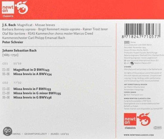Achterkant van de cd-hoes. J.S. Bach: Magnificat - Missae breves. Met Barbara Bonney, Birgit Remmert, Rainer Trost, Olaf Bär, RIAS-Kammerchor, Peter Schreier. Tracklist en barcode.