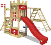 WICKEY speeltoestel ridderkasteel DragonFlyer met schommel & rode glijbaan, outdoor kinderklimtoren met zandbak, ladder & speelaccessoires voor de tuin