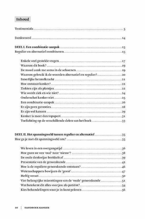 Inhoudsopgave van het boek 'Handboek Kanker' met de hoofdstukken 'DEEL I Een combinatie-aanpak' en 'DEEL II Het spanningsveld tussen regulier en alternatief'.