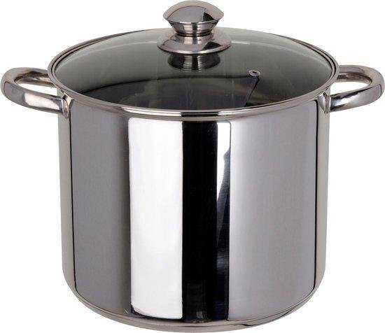 Marmite à soupe en acier inoxydable avec couvercle en verre et deux poignées.