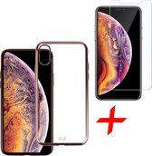 Transparant Hoesje voor iPhone Xs / X Soft TPU Gel Siliconen Case Roze Goud + Tempered Glass Screenprotector iCall