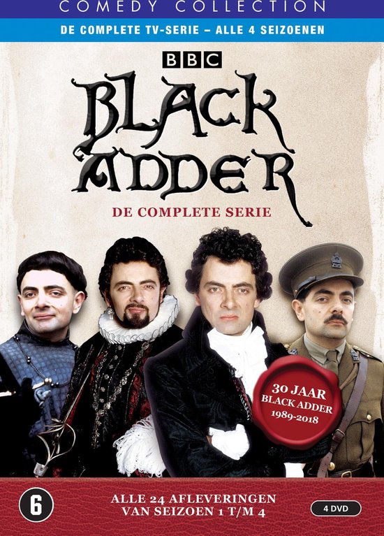 Pochette DVD Black Adder, La Série Complète. Quatre versions de Rowan Atkinson en costumes historiques et militaires.