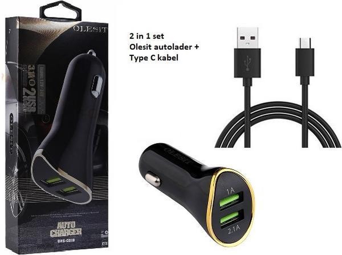 Olesit 3.1A Autolader - Oplader - 2 USB poorten met bescherming tegen overbelading & overhitting - Zwart + Olesit Type-C