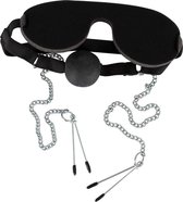 Bad Kitty – Bondage Ball Gag met Tepelklemmen en Oogmasker voor een Compleet Onderdanig Gevoel – Zwart