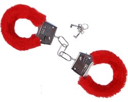 Metalen handboeien met rode imitatie bont (incl. 2 sleutels)