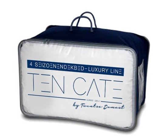 Donkerblauwe draagtas met "TEN CATE" logo, "SINCE 1957" en "by Twentse Damast".