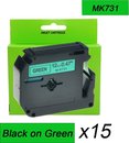 15 x MK-731 M-K731 ruban compatible noir sur vert pour imprimantes d'étiquettes Brother P-Touch