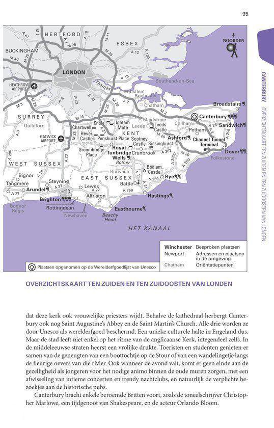 Pagina 95 van de Trotter gids met een kaart van Canterbury en omgeving en de tekst over de stad.