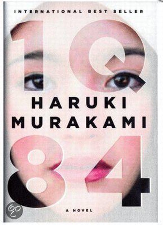 Boekomslag van '1Q84' van Haruki Murakami. De kaft toont close-ups van ogen en lippen.