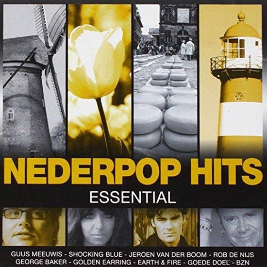 Albumcover 'Nederpop Hits Essential' met collage: molen, tulp, kaasmarkt, vuurtoren en portretten van artiesten.