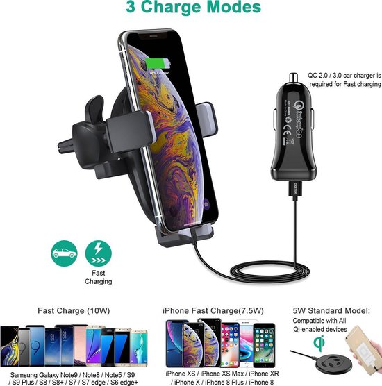 Choetech Draadloze autolader 10W snel lader - Zwart