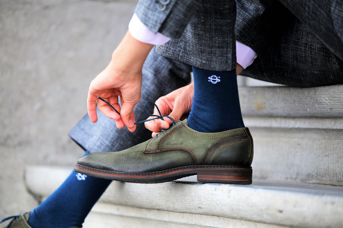 Owen Smith Style Kit - 3 paar Herensokken met Veters, blauw groen oranje, maat 43-46 veterlengte 75cm