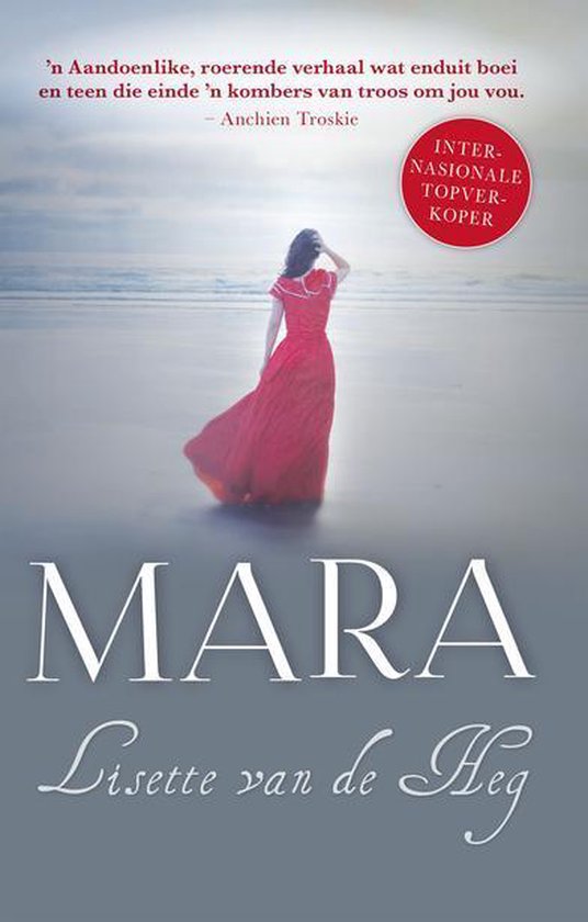 Boek "Mara" van Lisette van de Hig, met een vrouw in een rode jurk op het strand.