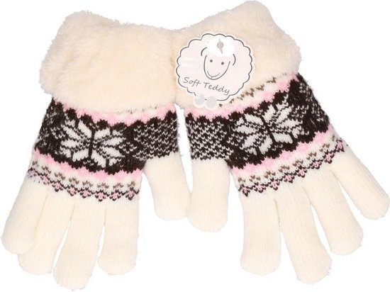 Gebreide winter handschoenen creme wit met pluche voor meisjes