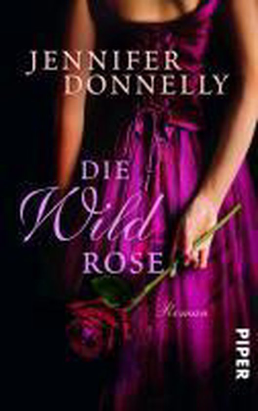 Boekcover met 'Die Wild Rose' in sierlijk schrift. Een vrouw in paarse jurk houdt een rode roos vast.