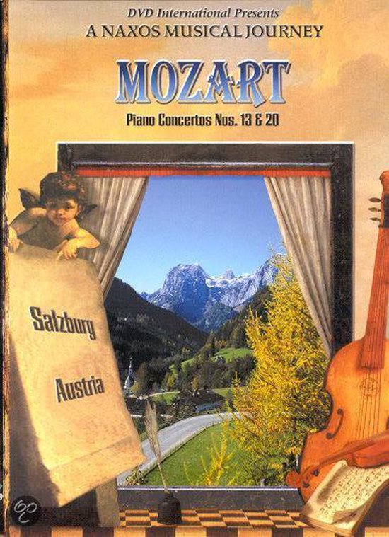 DVD "Mozart Piano Concertos Nos. 13 & 20" met Salzburg, Oostenrijk op een perkamentrol. Rechts een viool.